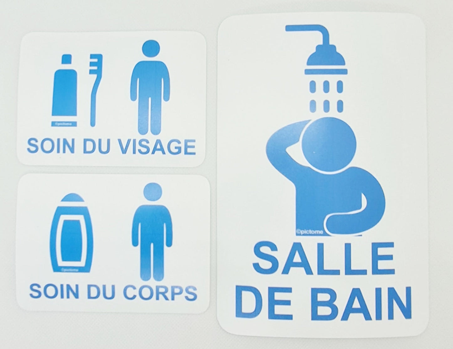 Exemple des pictomes en lien avec la salle de bain  soin du visage et soin du corps,  pancarte salle de bain à afficher sur la porte
